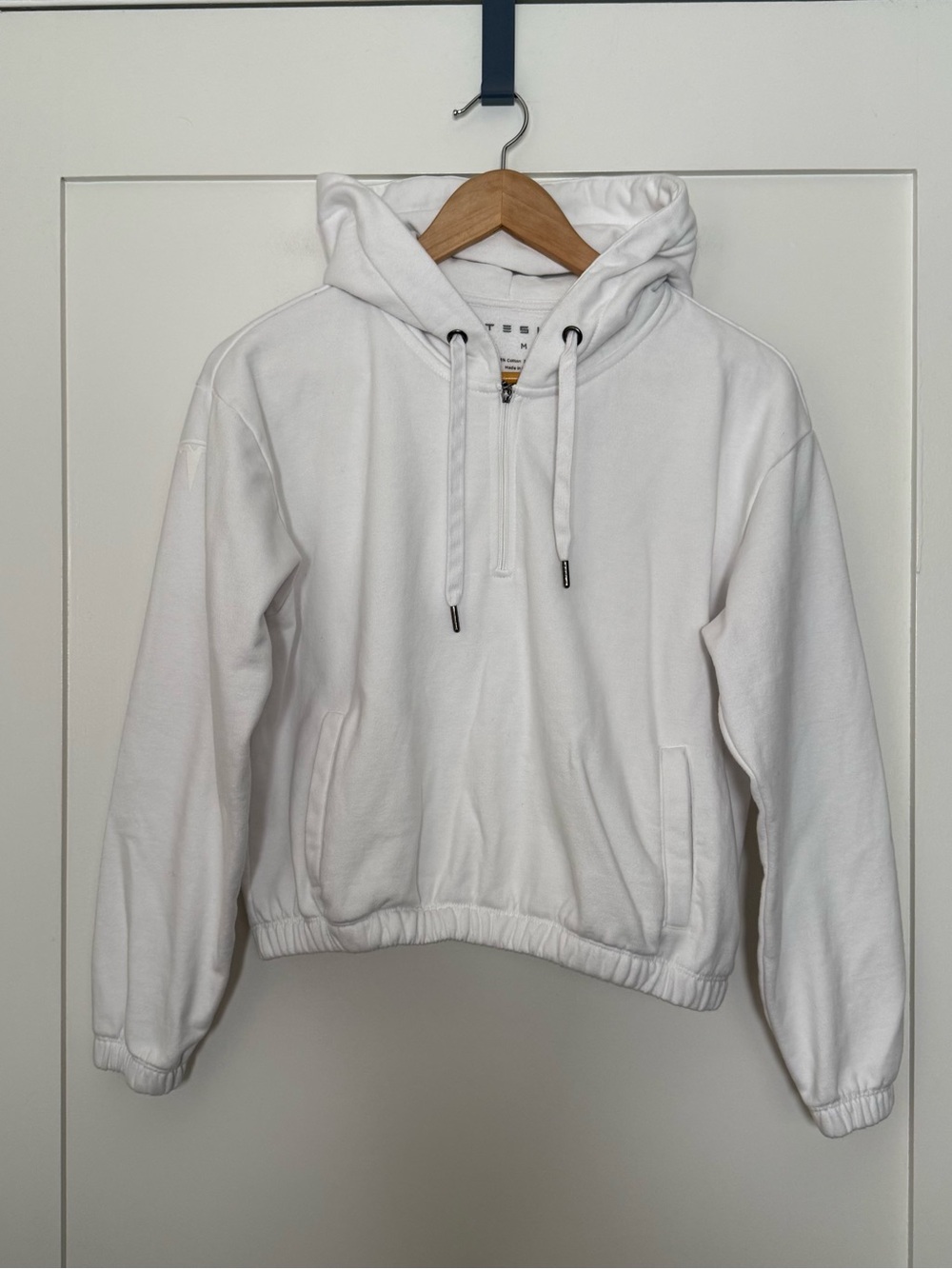 Tesla Sweatshirt Hoodie Womens Sz M White Fleece Cropped 3/4 Zip Logo Cars EV